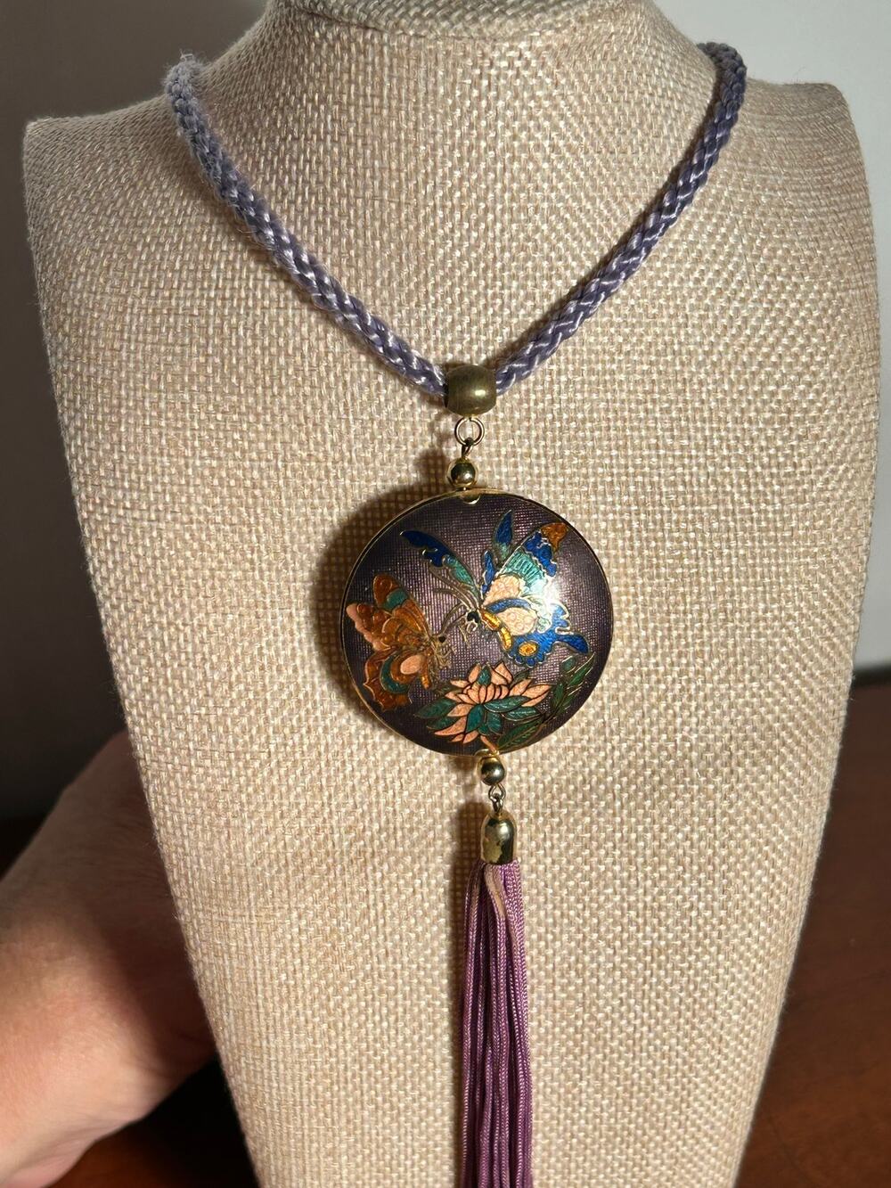 Vintage Cloisonne Enamel Butterfly Lotus Flower Pendant Necklace Purple Tassel